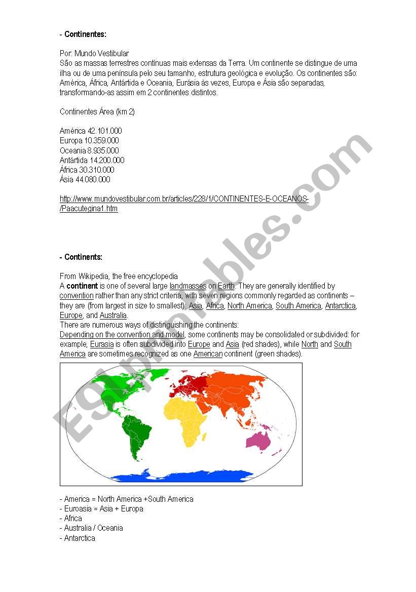 Continents worksheet