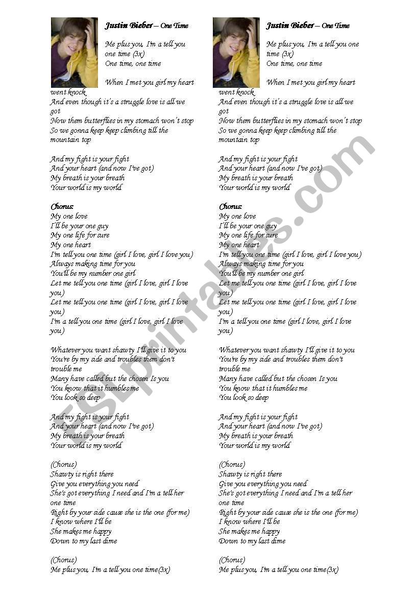 one time by Justin Bieber - ESL worksheet by white_dove