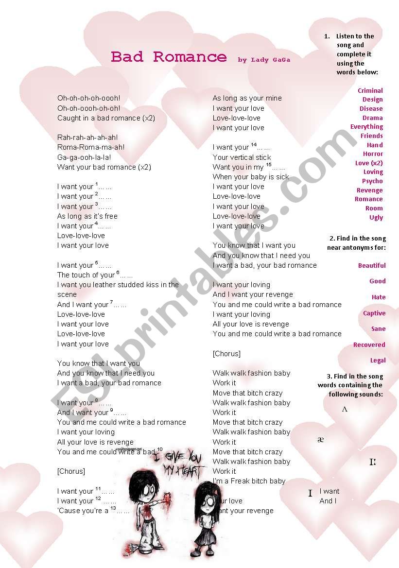 Bad Romance Song by Lady GaGa worksheet