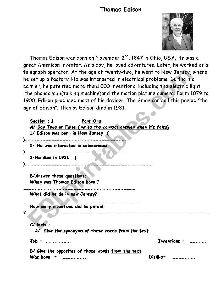 thomas edison  worksheet