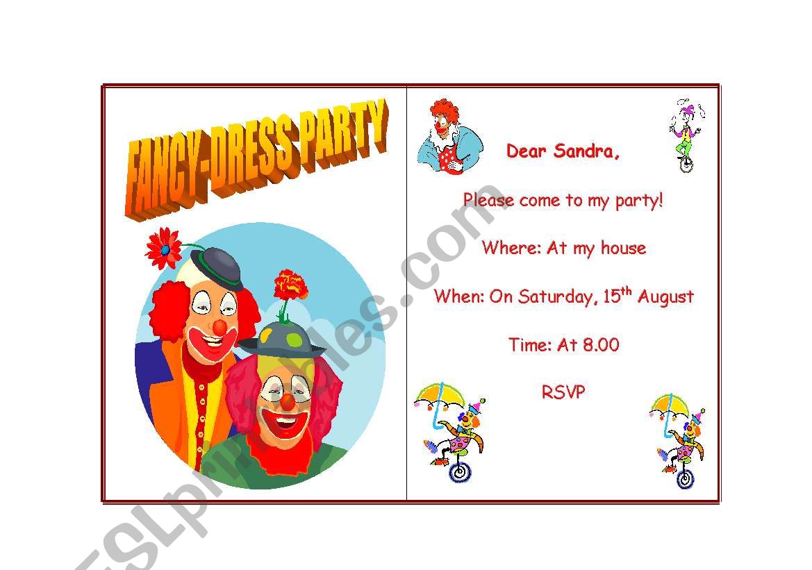 Invitation to a party worksheet