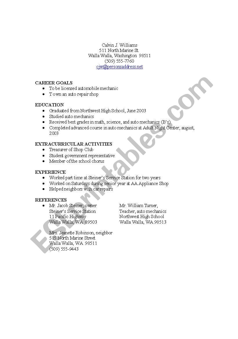 Resume worksheet