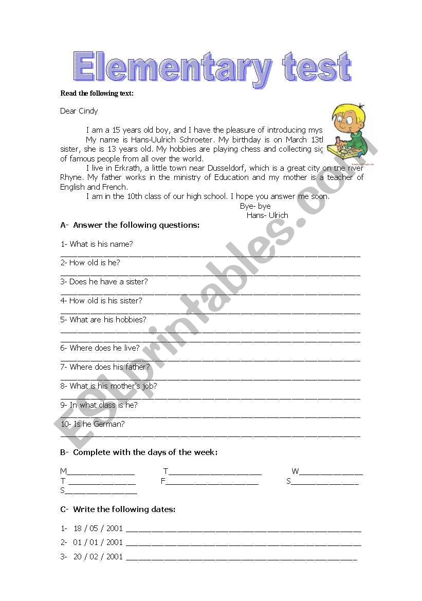 elementary test  worksheet