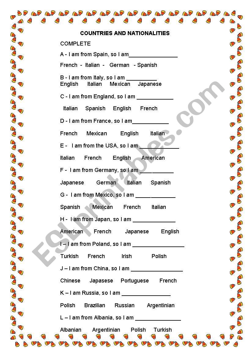 COUNTRIES AND NATIONALITIES worksheet