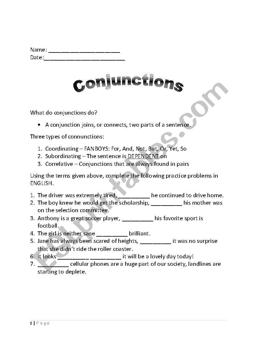 Conjunctions worksheet