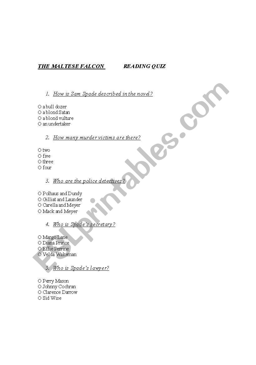 THE MALTESE FALCON READING QUIZ