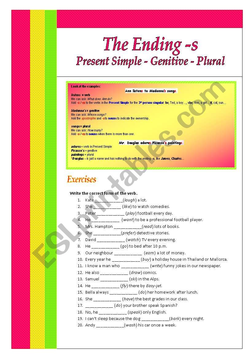 The ending -s: Present Simple - Genitive - Plural / Part 2 (2 pages)