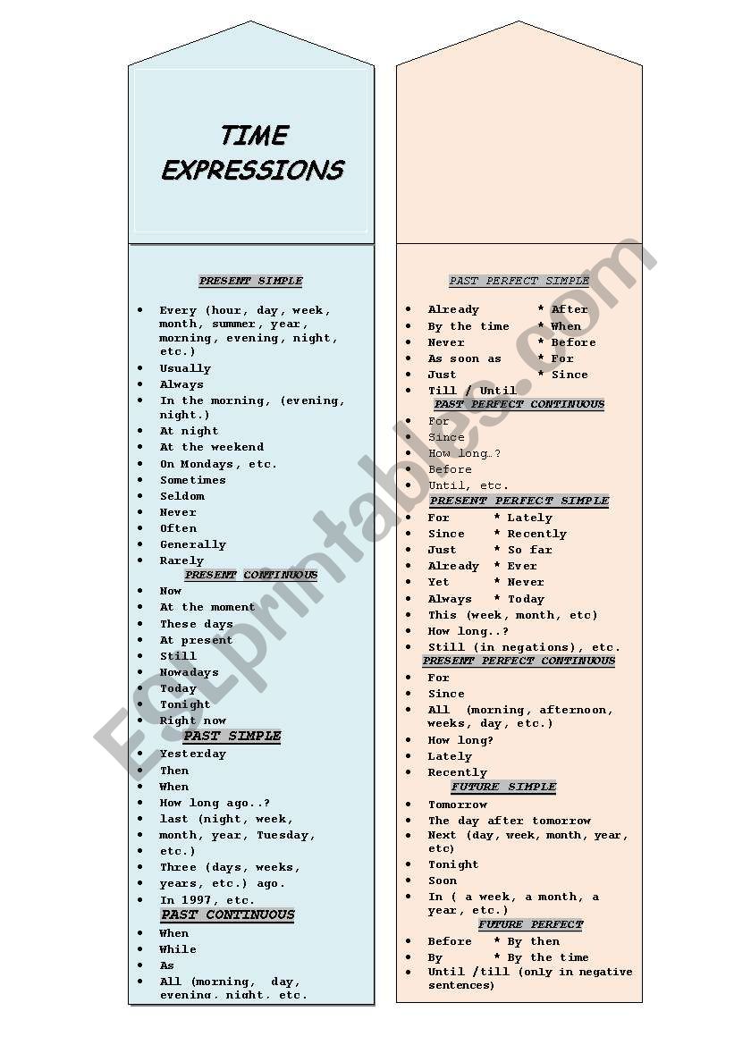 Time expressions Bookmark worksheet