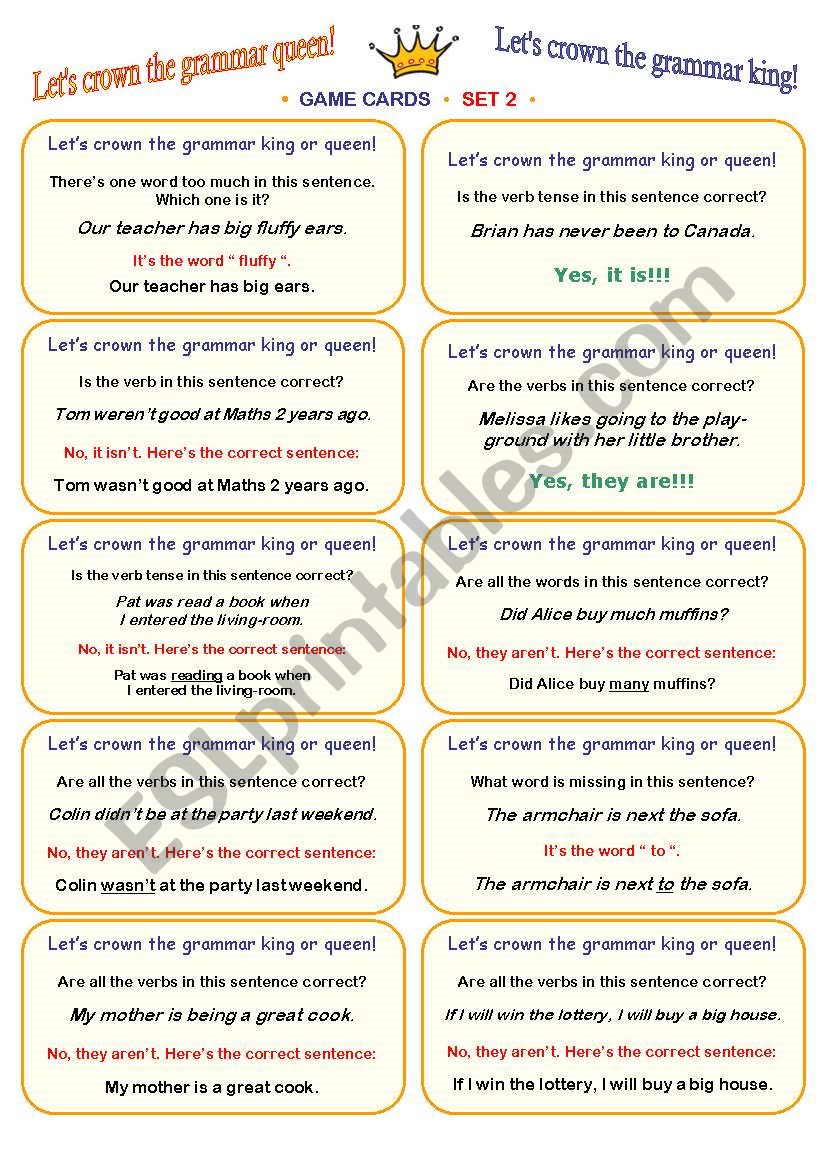 LETS CROWN THE GRAMMAR QUEEN OR KING!  FUN CLASSROOM CHALLENGE  CARD GAME  fully editable speaking and listening activity  30 cards (SET 2)  clear how-to-play instructions included :))))