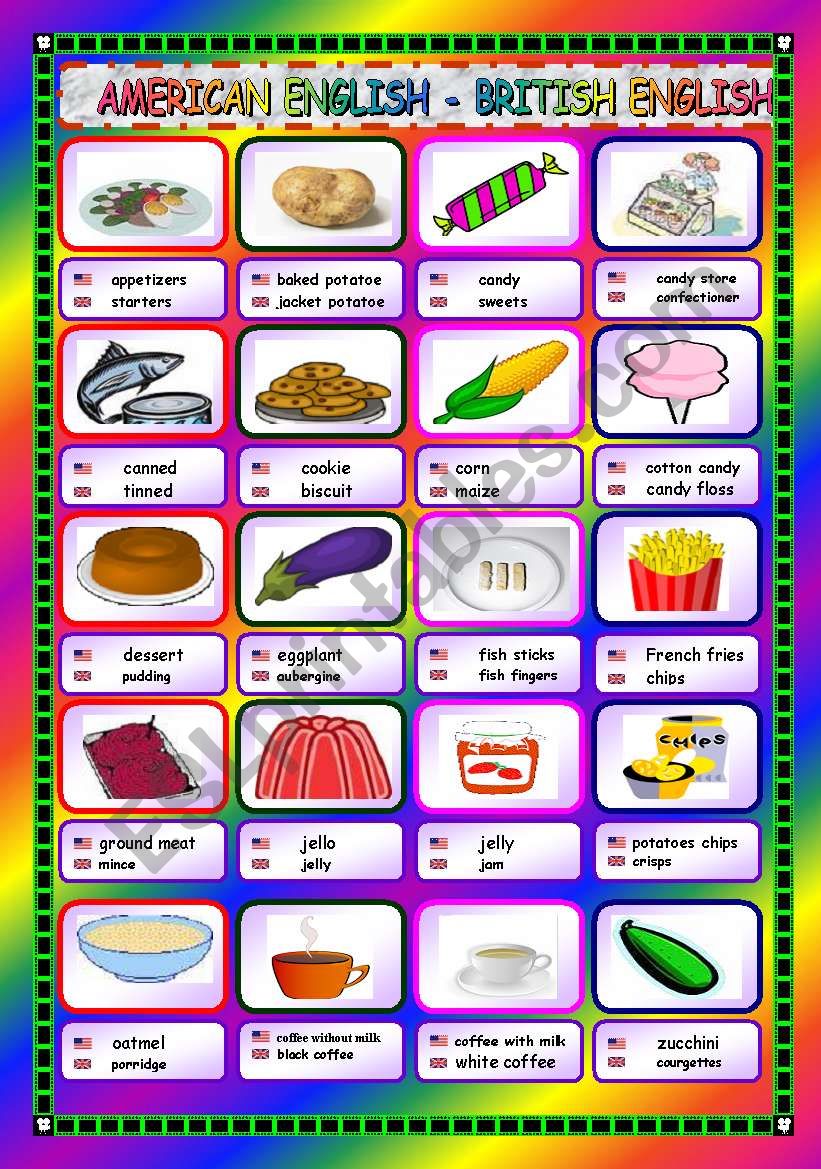 American and British English - Food - ESL worksheet by ptienchiks