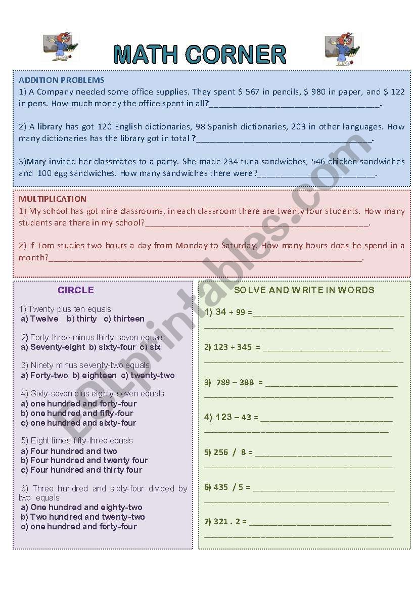 Math:word problems with key worksheet