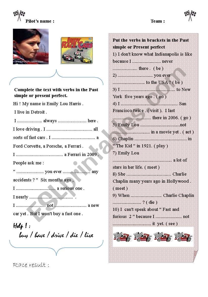 Indy car racing worksheet