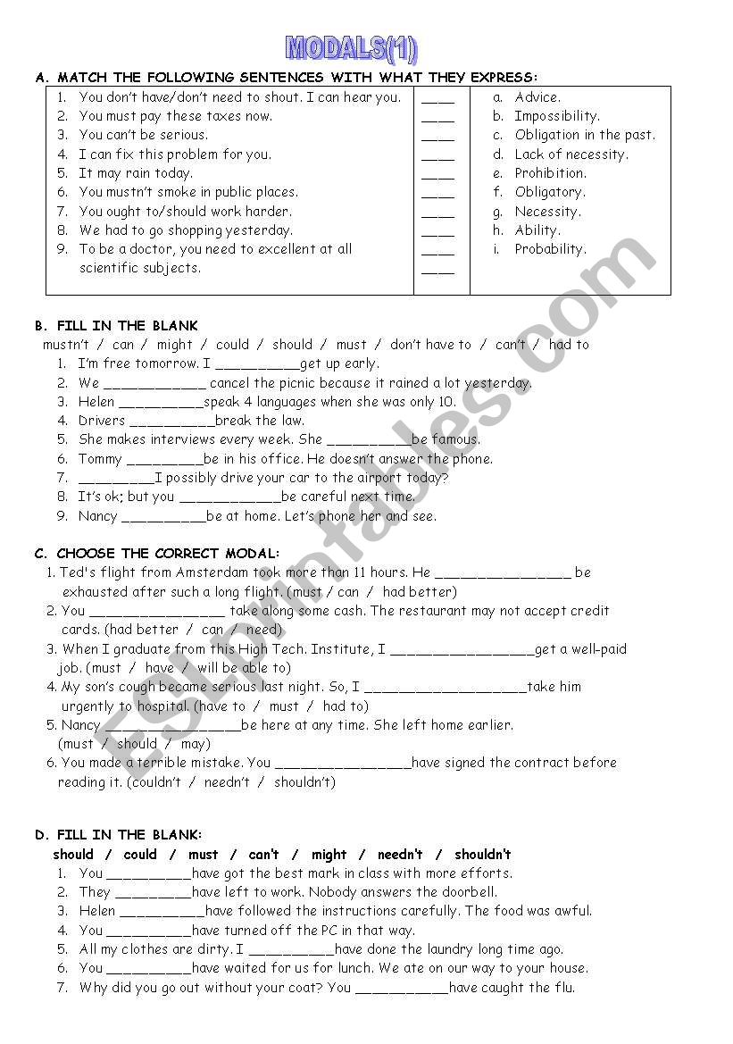 MODALS (1) worksheet