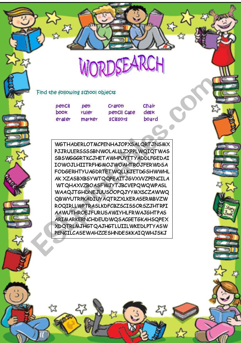 SCHOOL OBJECTS WORDSEARCH worksheet