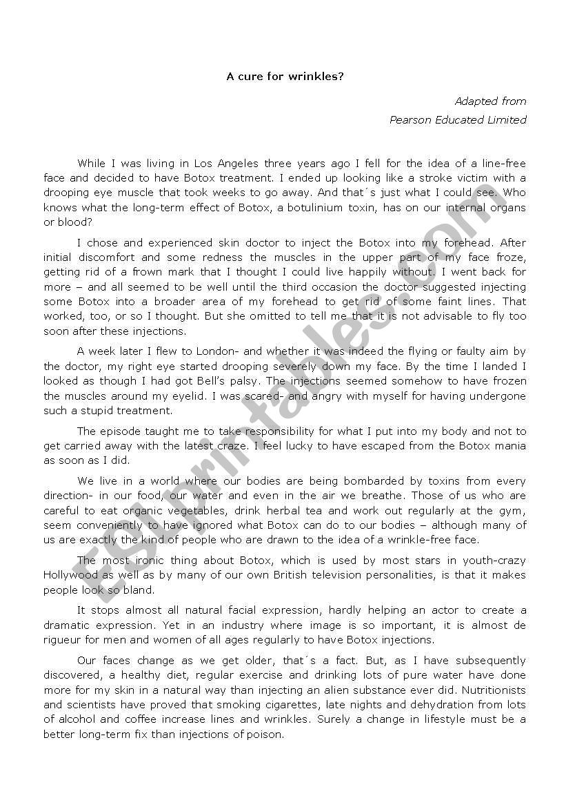 A Cure for Wrinkles worksheet