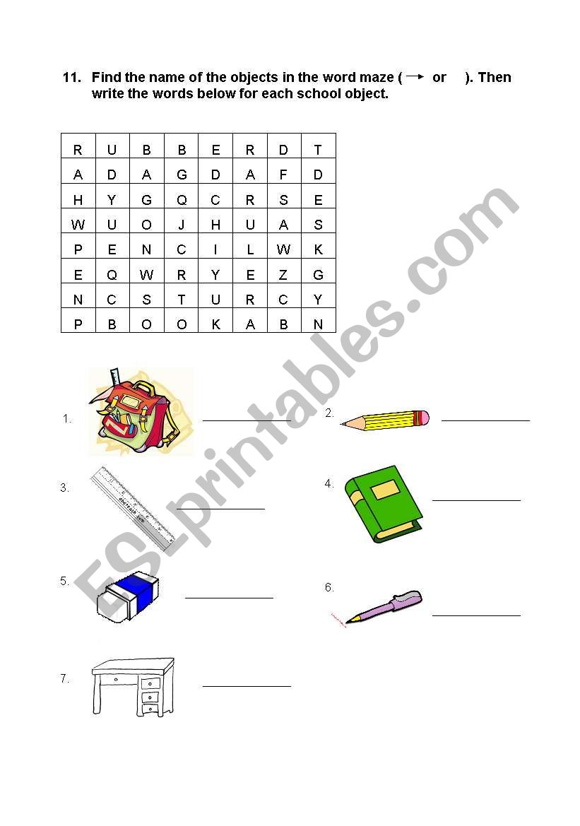 School objects worksheet