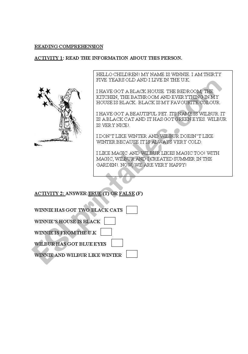 Read about Winnie worksheet