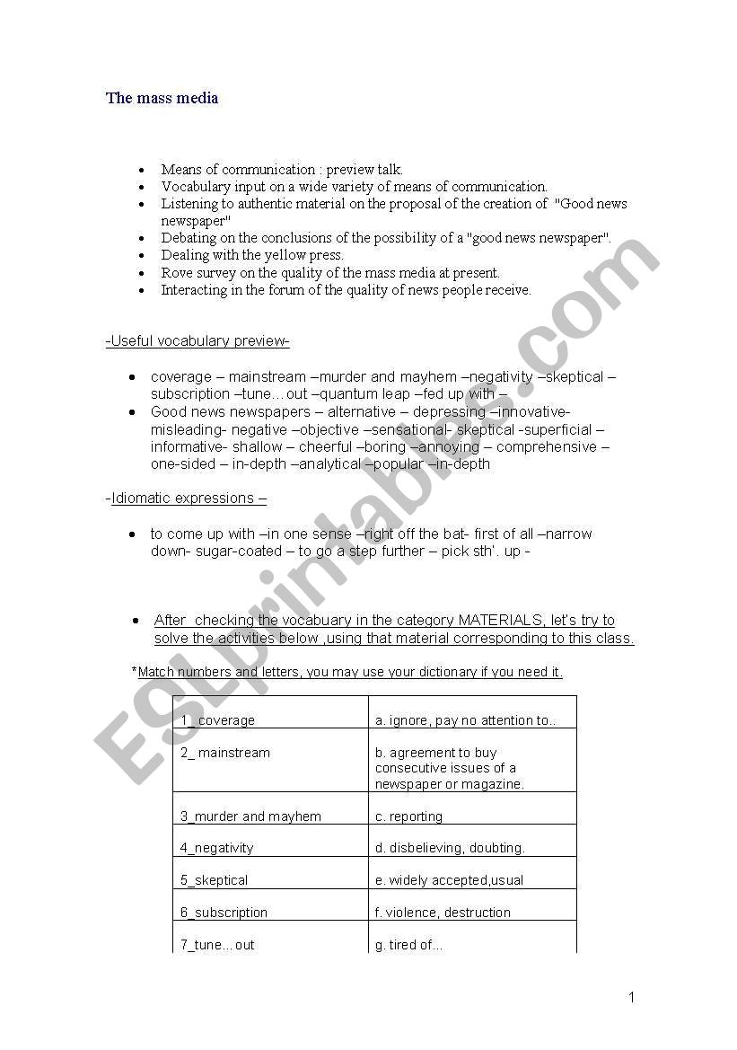 MASS MEDIA worksheet