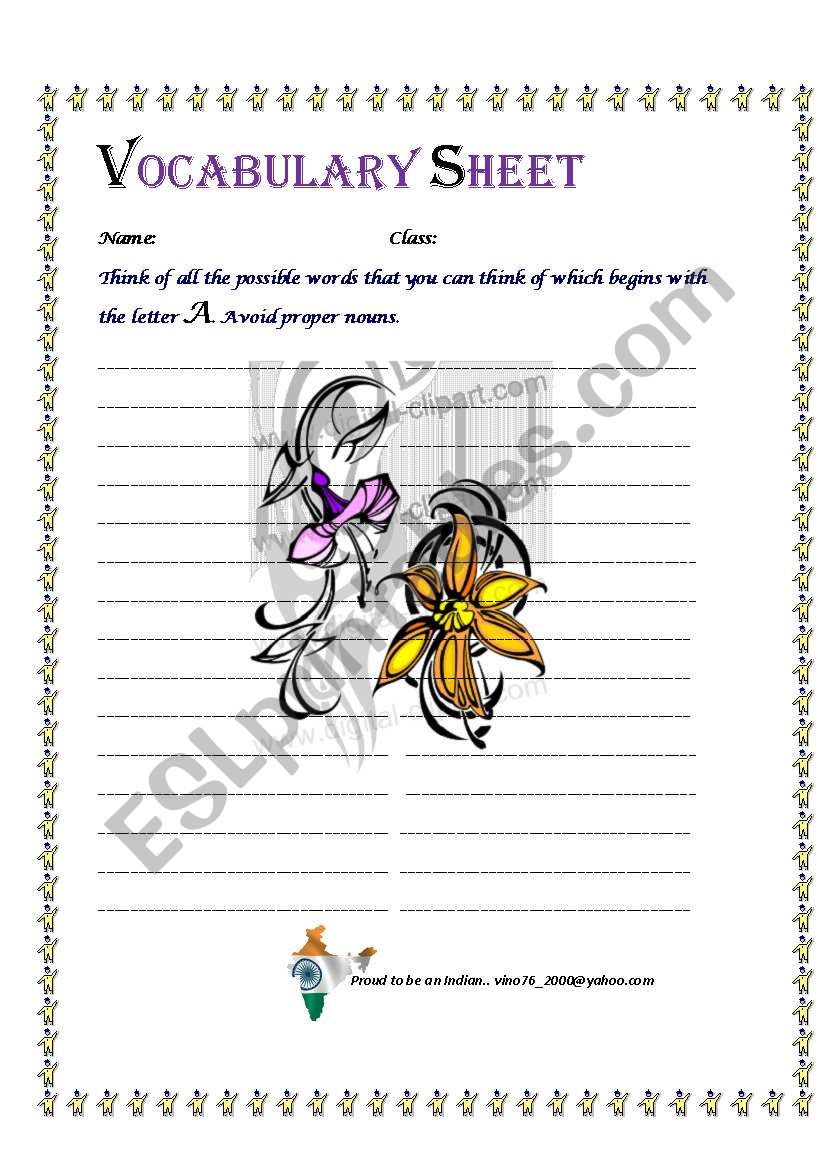 Vocabulary Sheet worksheet