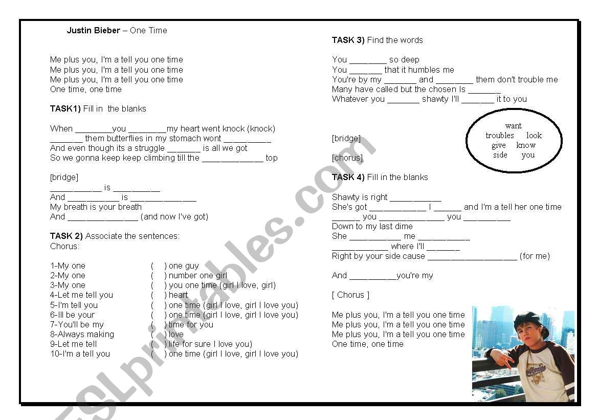 one time by Justin Bieber - ESL worksheet by white_dove