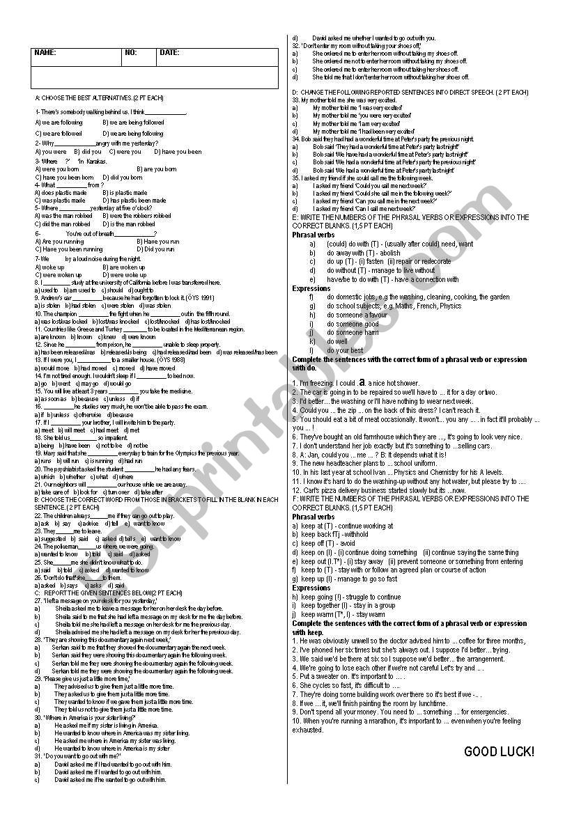 exam questions worksheet