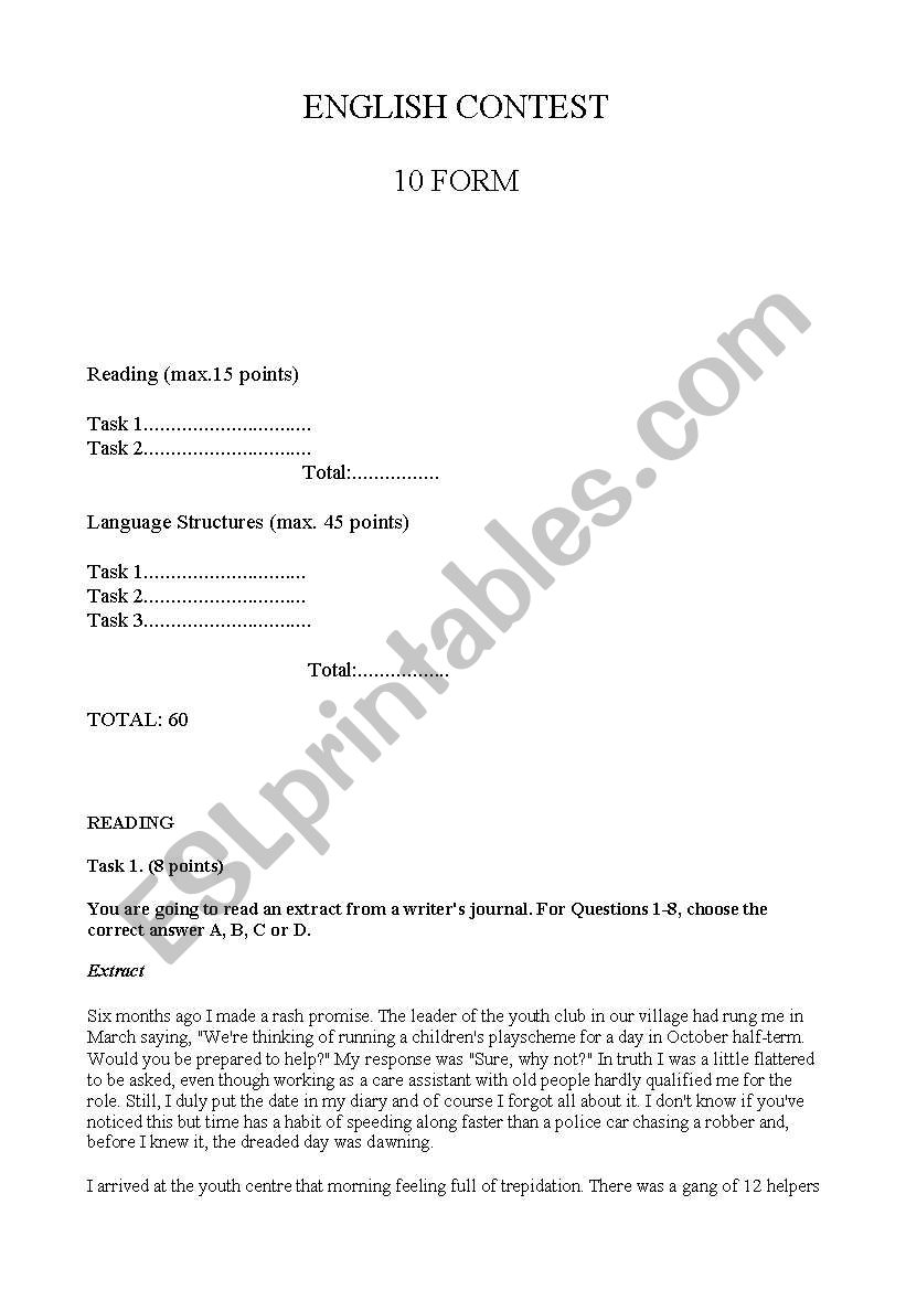 10th form English contest worksheet