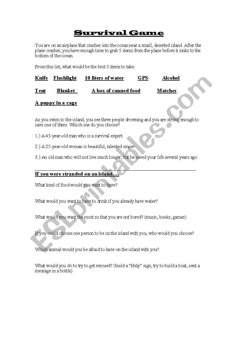 Survival Game worksheet