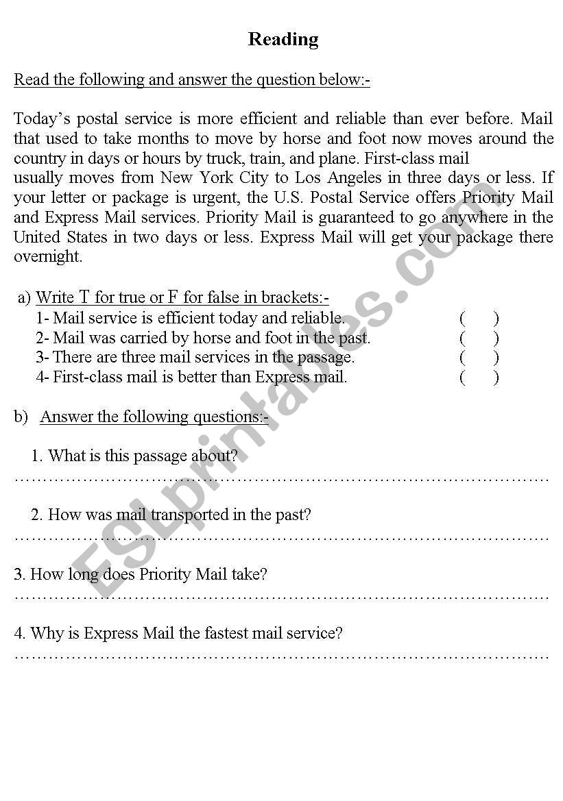 Postal service worksheet