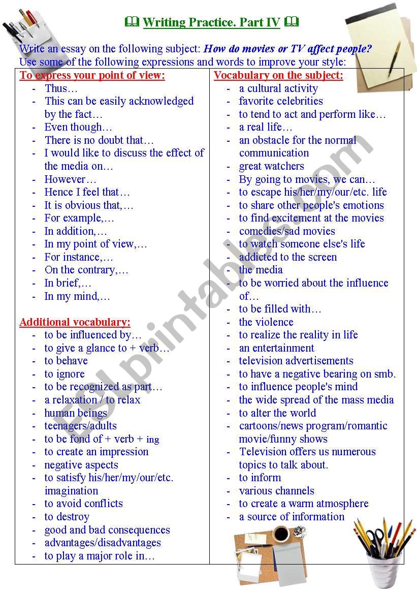 Writing Practice for TOEFL / IELTS exams. Useful expressions and vocabulary. Part IV.