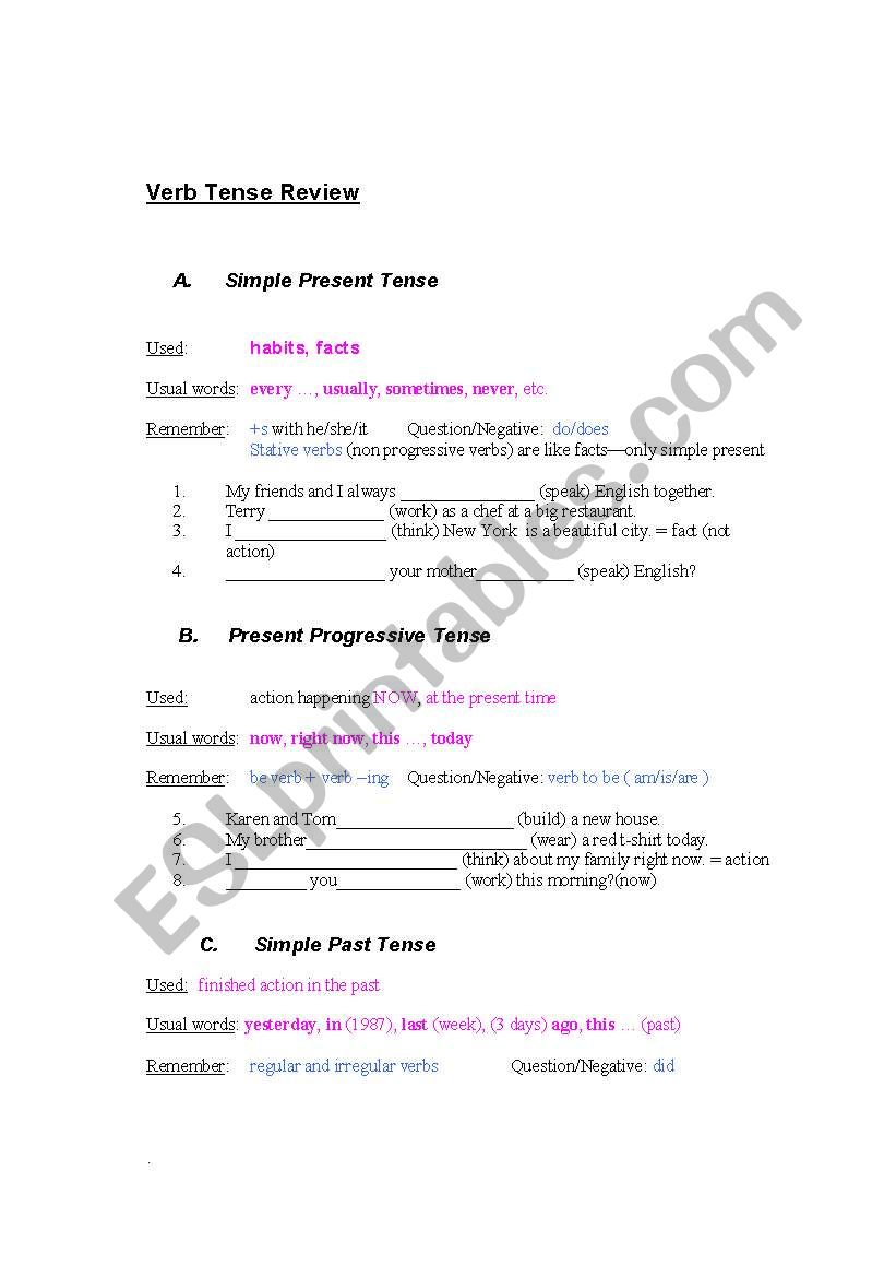 Tenses Review worksheet