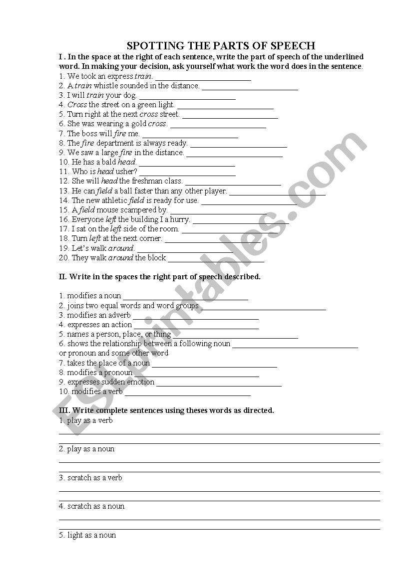 Parts of Speech worksheet