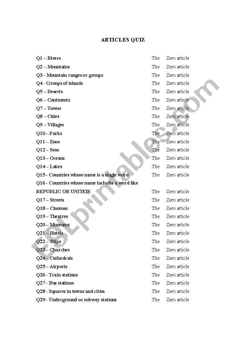 Articles Quiz worksheet