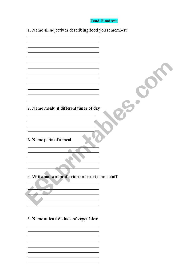 Food test worksheet