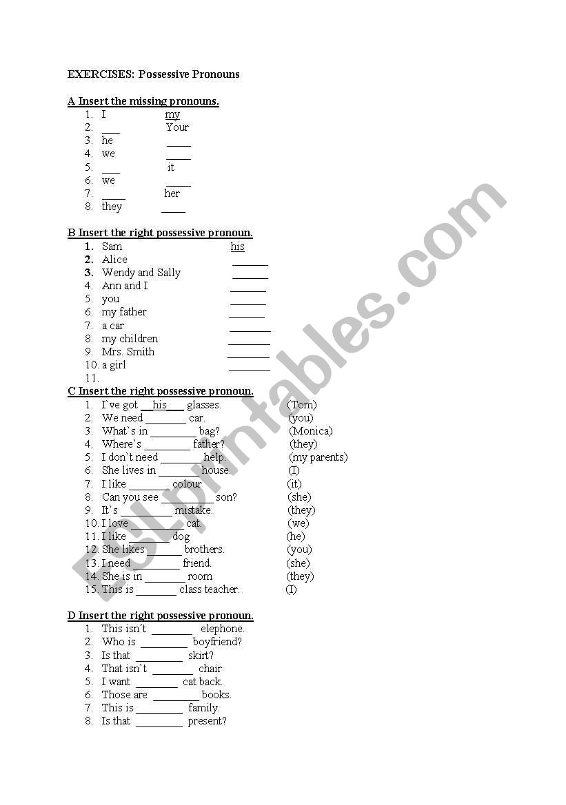 possessive pronouns worksheet