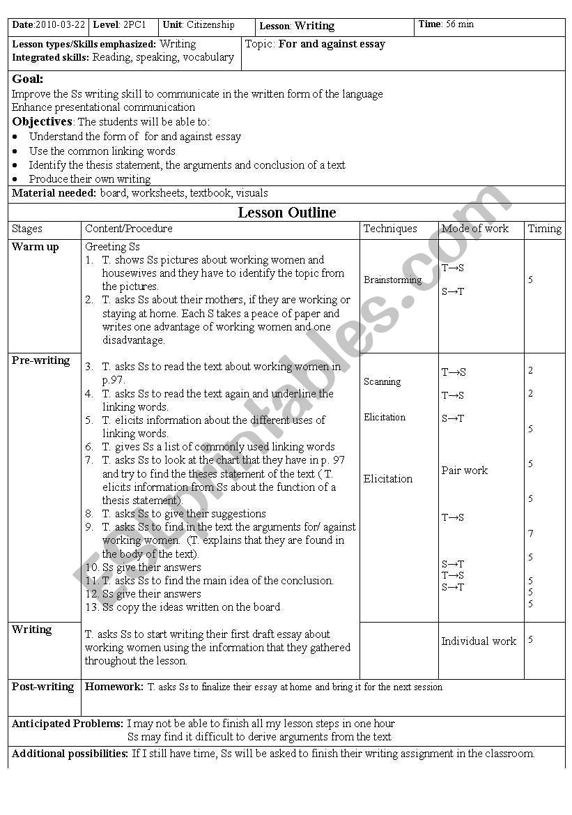 writing for and against essay worksheet