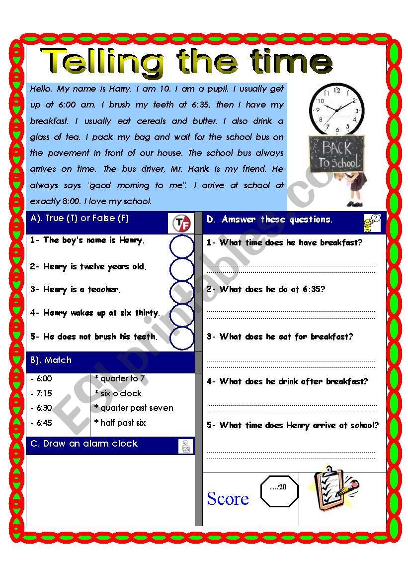 Reading comprehension. Telling the time.