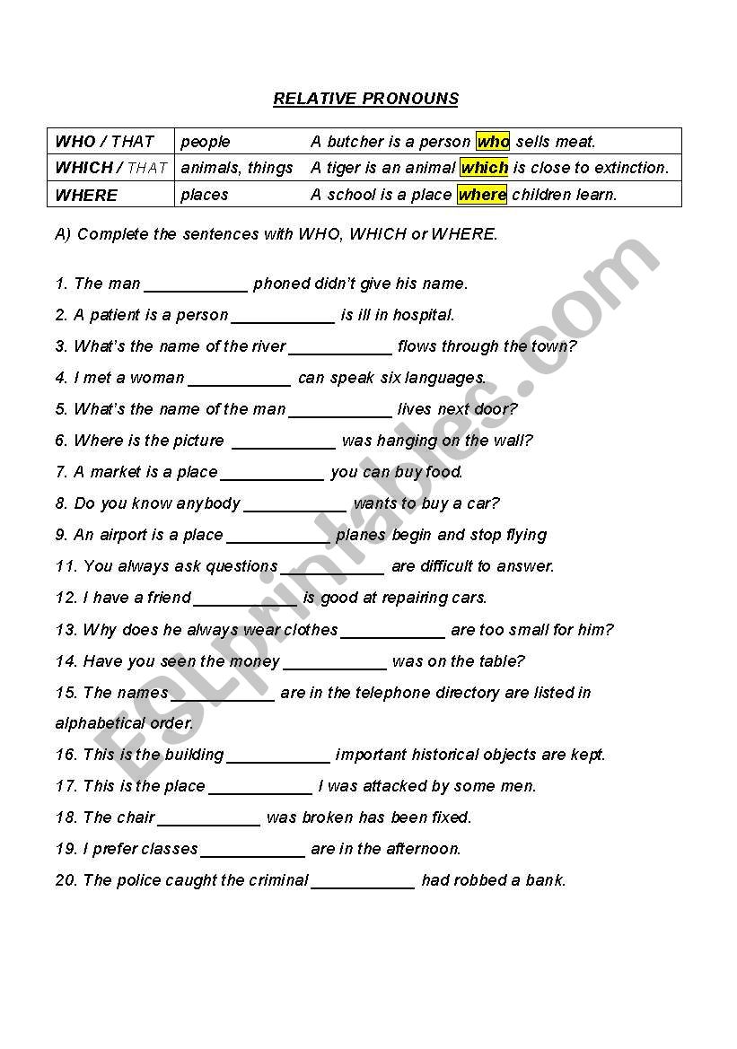 RELATIVE PRONOUNS worksheet