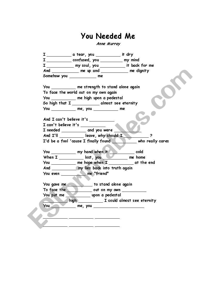 You needed me worksheet