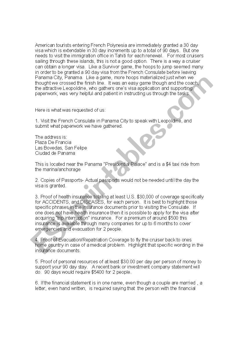 French Polynesia Visas worksheet
