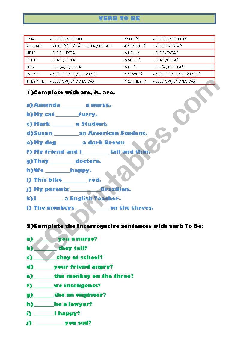 Exercice Verb To Be worksheet