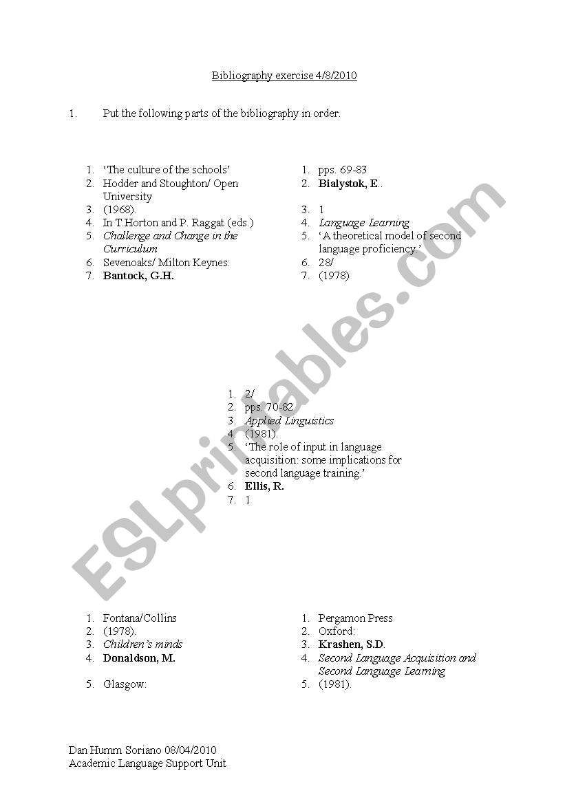 Bibliography exercise worksheet