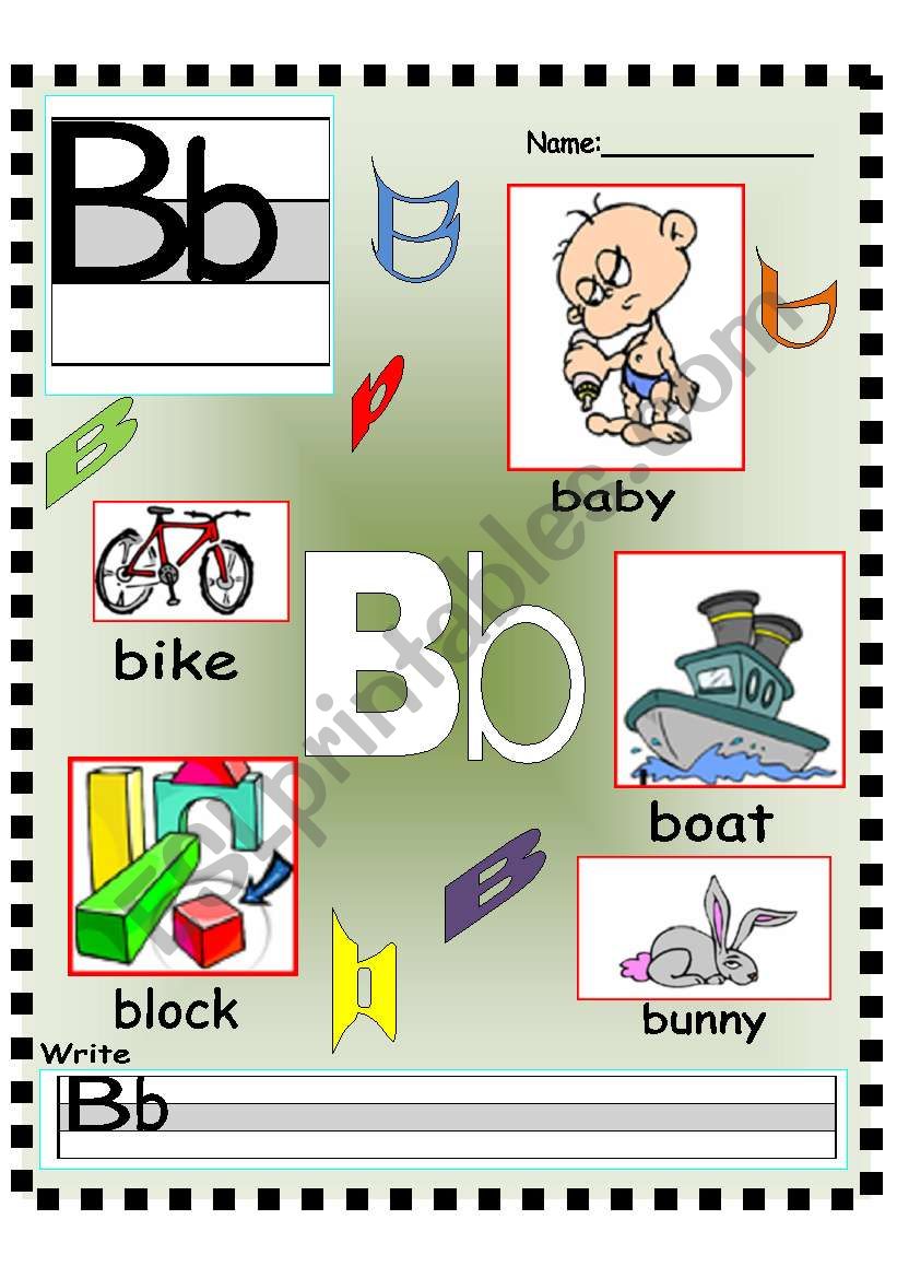 Letter Bb poster and Writing worksheet