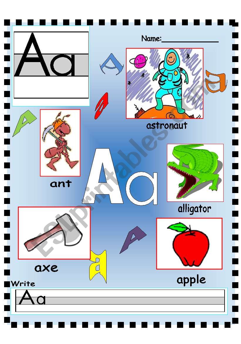 Letter Aa Vocabulary poster and Writing worksheet