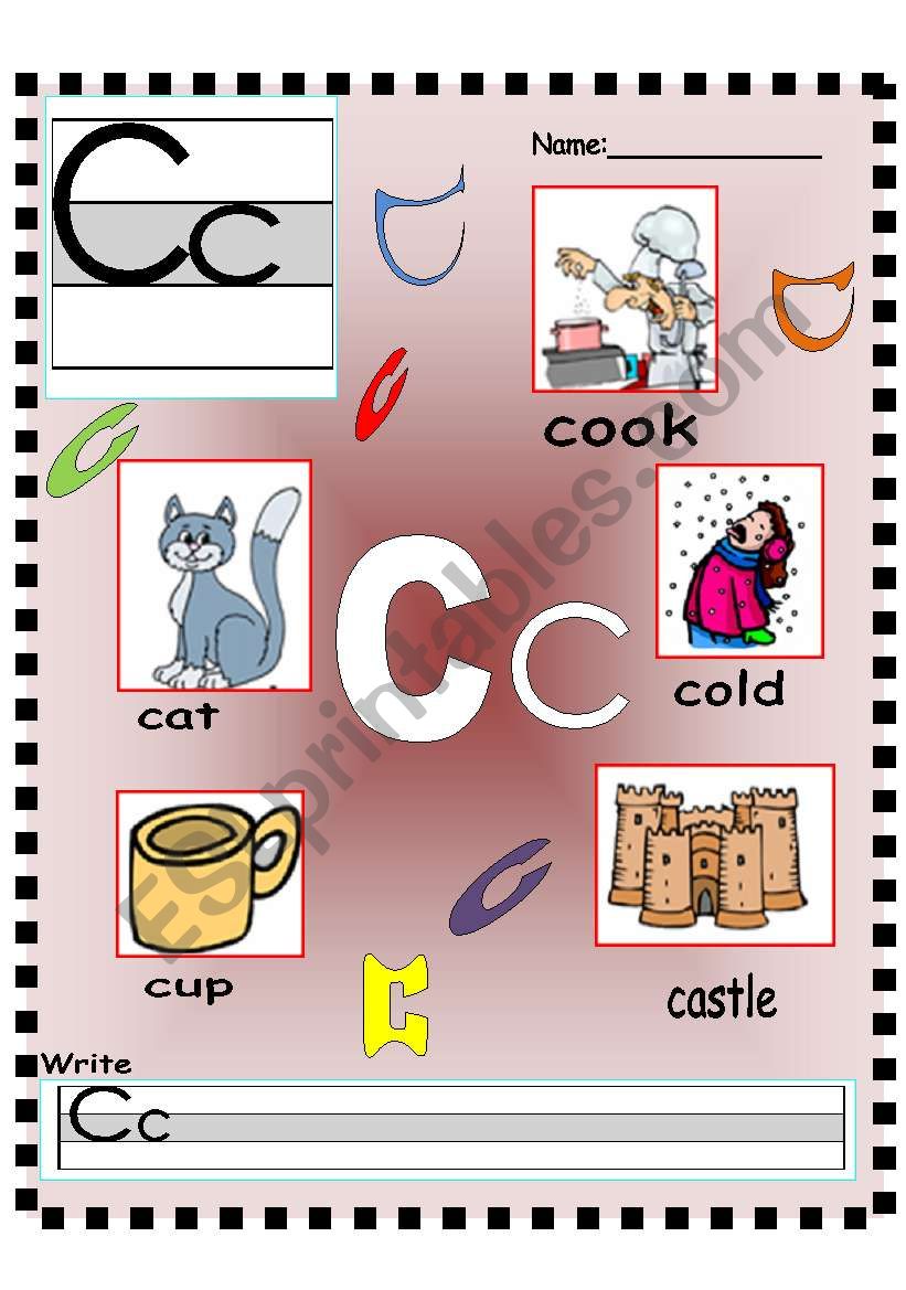 Letter Cc Vocabulary poster and Writing worksheet - ESL worksheet