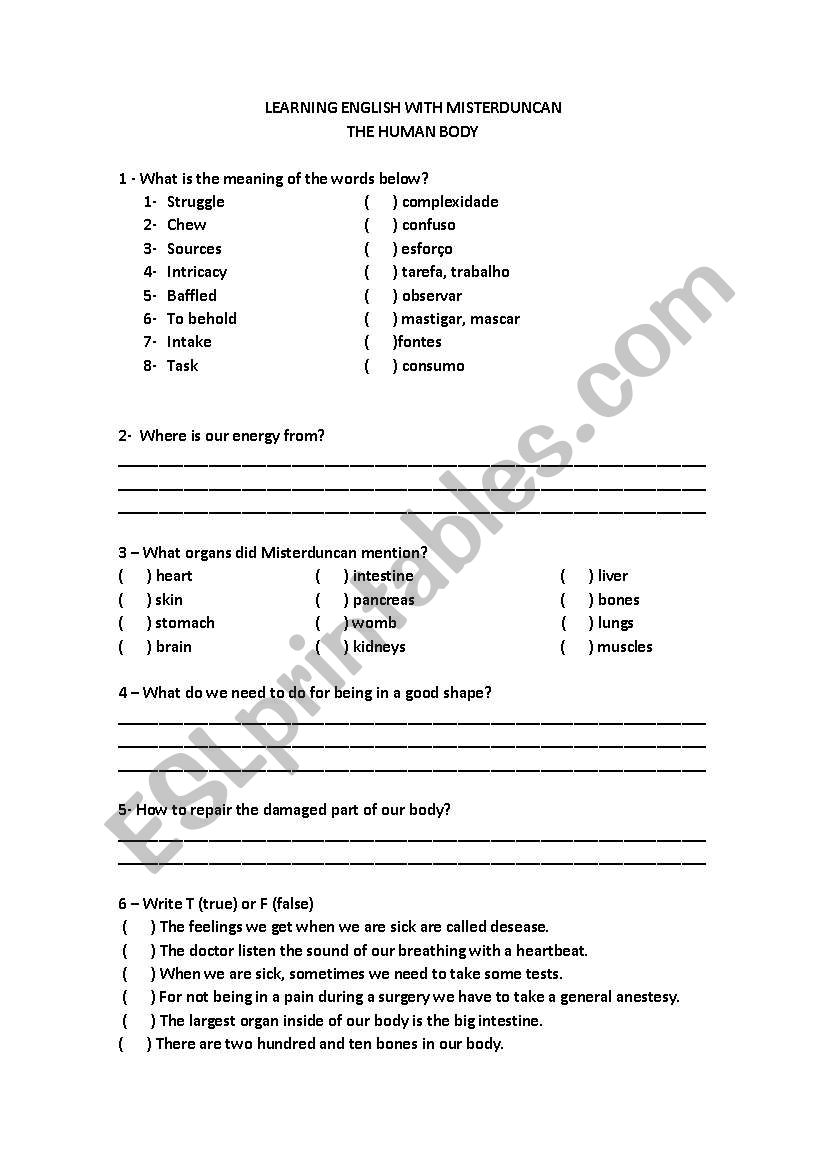 Parts of our body worksheet