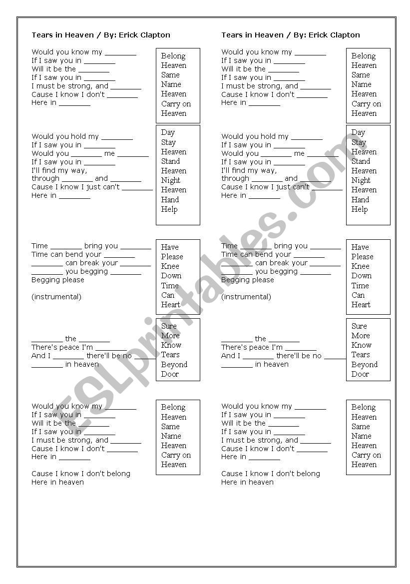 tears in heaven worksheet