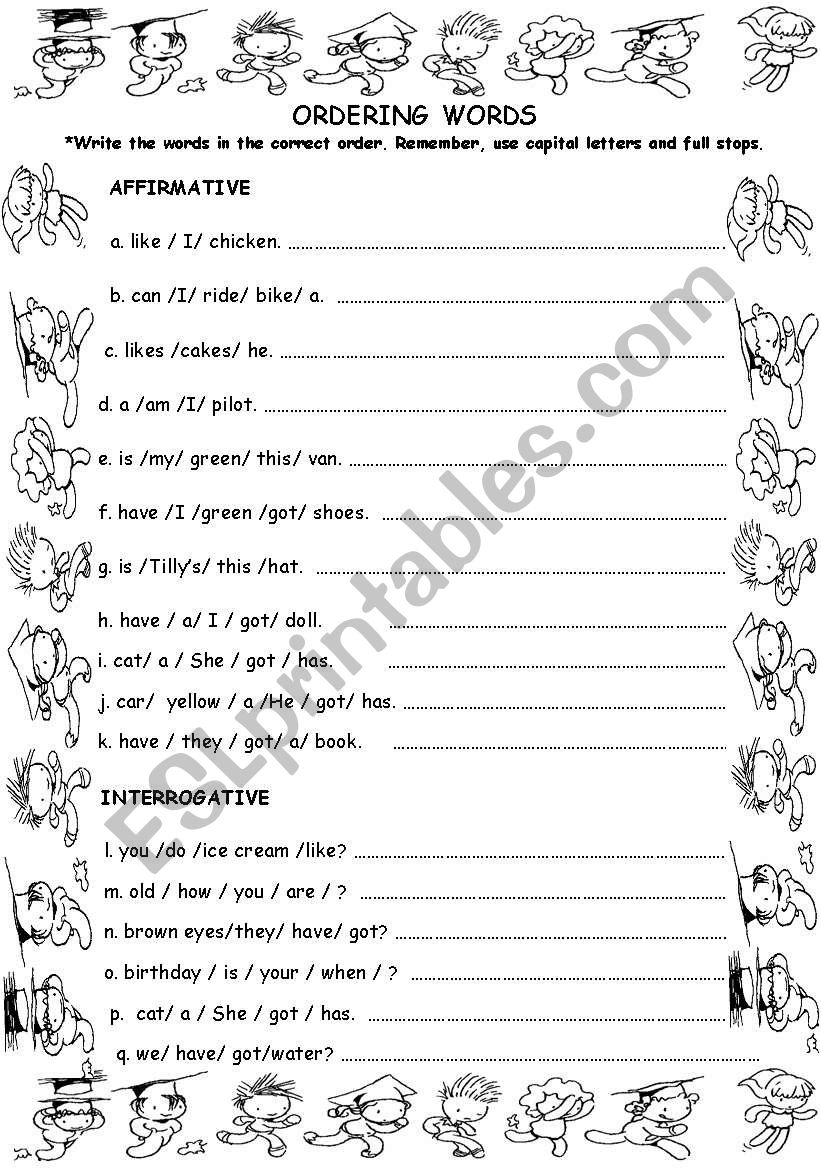 ORDER WORDS TO MAKE SENTENCES worksheet