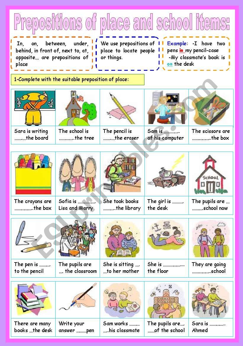 prepositions of place and school items