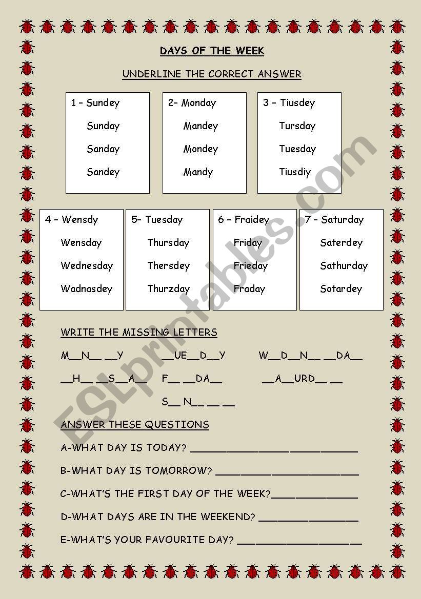 DAYS OF THE WEEK worksheet