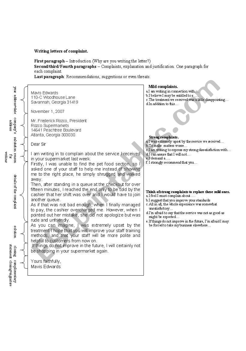 Letter of complaint worksheet